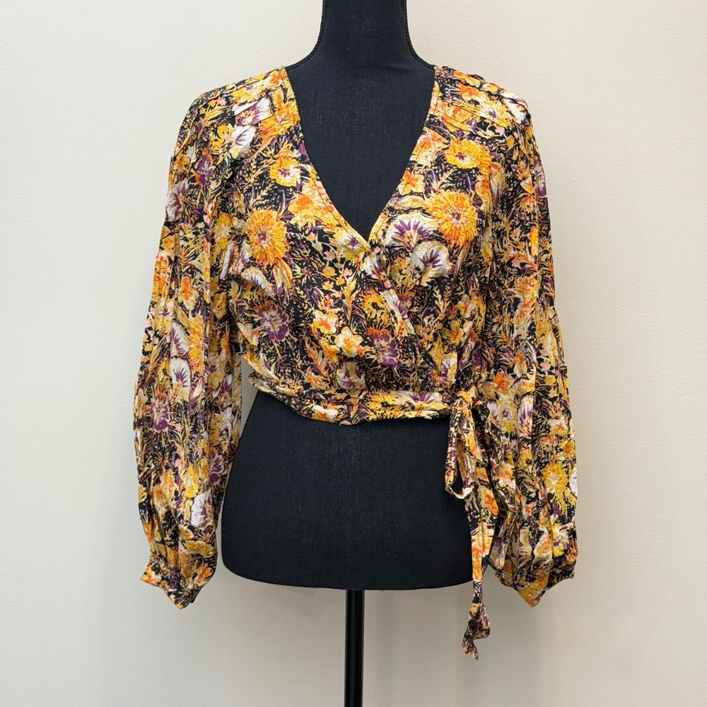 Free People Floral Wrap Top Womens XS Yellow Balloon Sleeve Cropped Blouse Boho